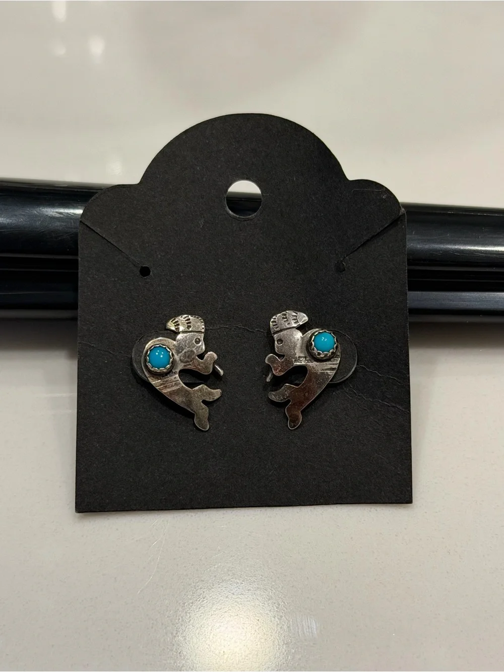Native Kokopelli Stud Earrings with Turquoise Accent Stone